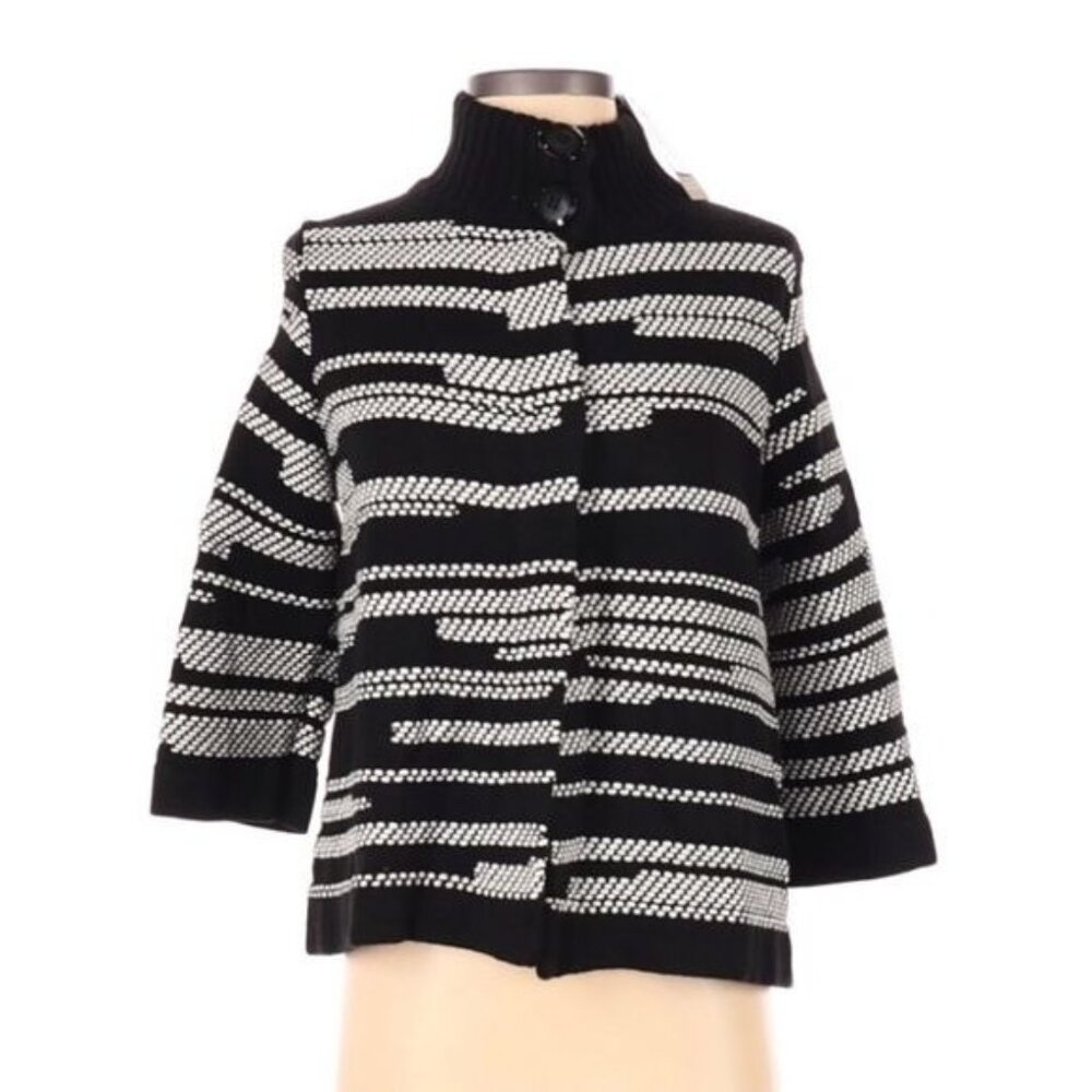 Chico's Black and White Striped Ribbed Collar Cardigan
